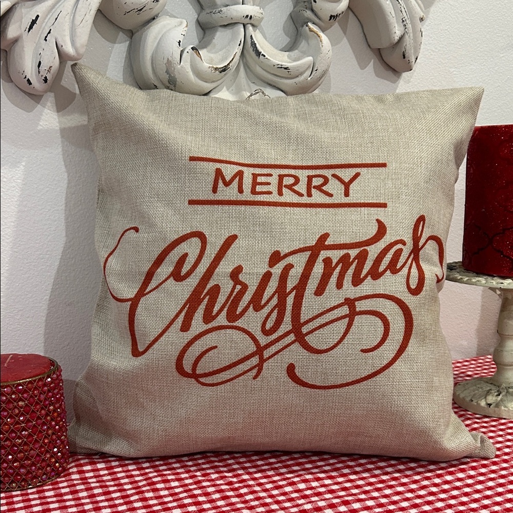 Merry Christmas Decorative Pillow Case - Red and Tan